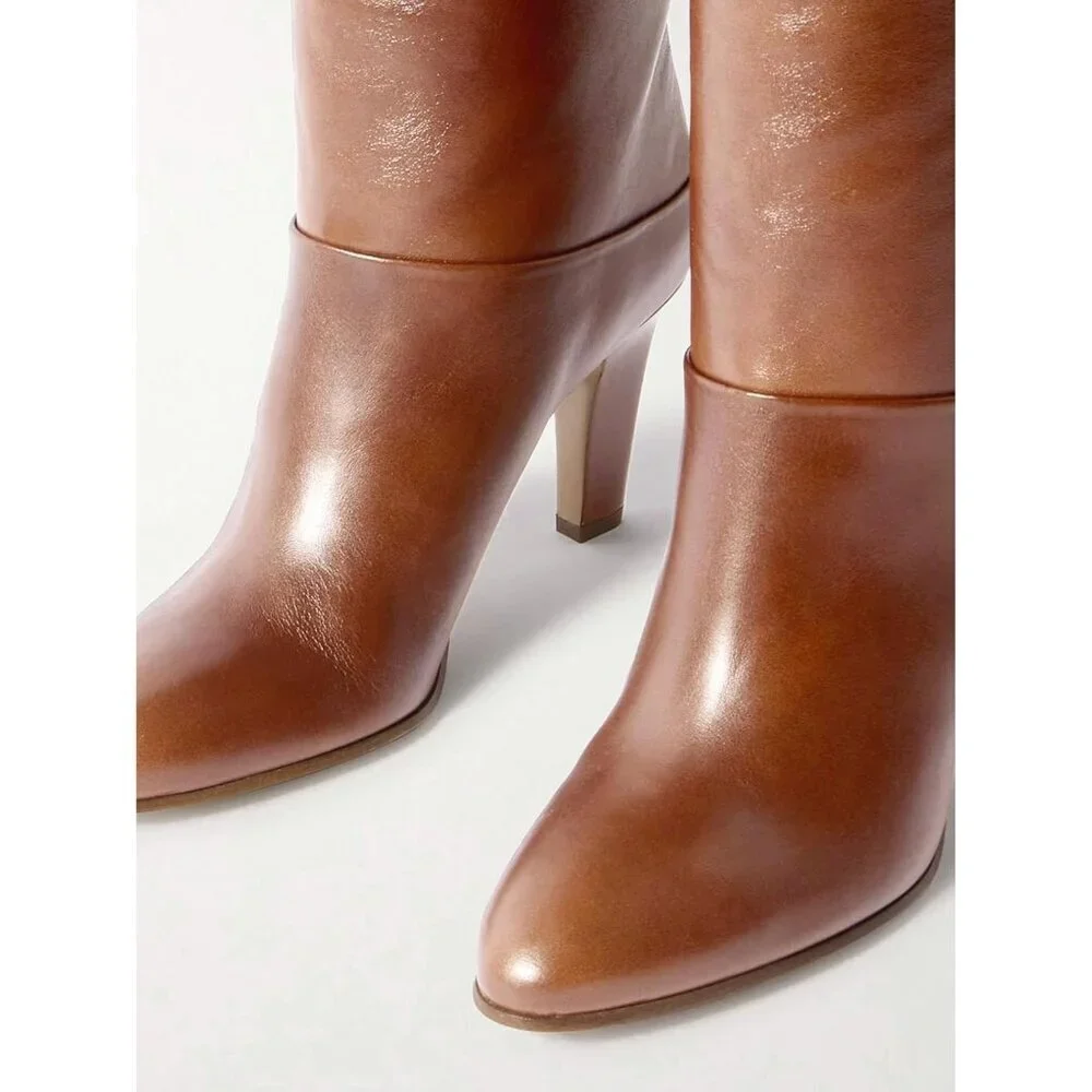 Womens Brown Synthetic Thigh High Pointed Toe Chunky Heel Over the Knee Boots